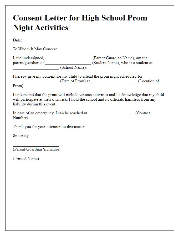 Letter template of consent for high school prom night activities