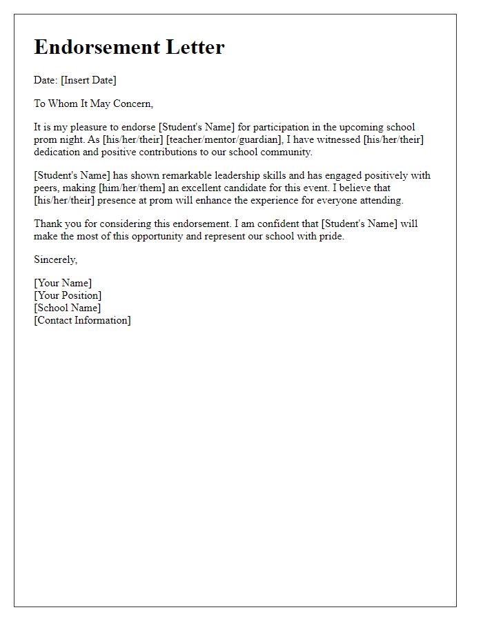 Letter template of endorsement for participation in school prom night