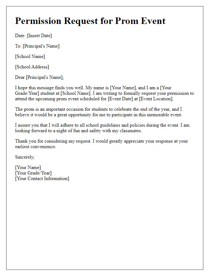 Letter template of permission request for private school prom event