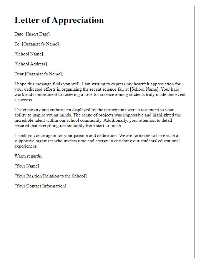 Letter template of appreciation for private school science fair organizers