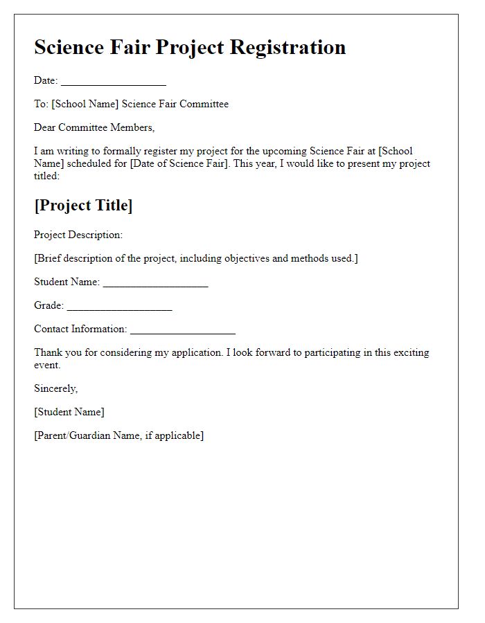 Letter template of registration for private school's science fair project