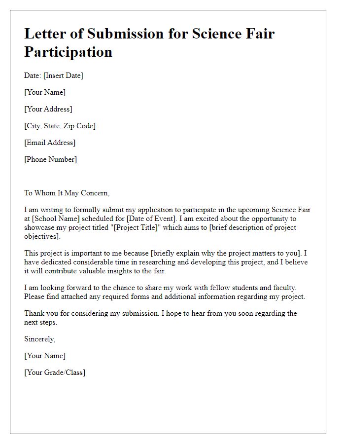 Letter template of submission for private school science fair participation