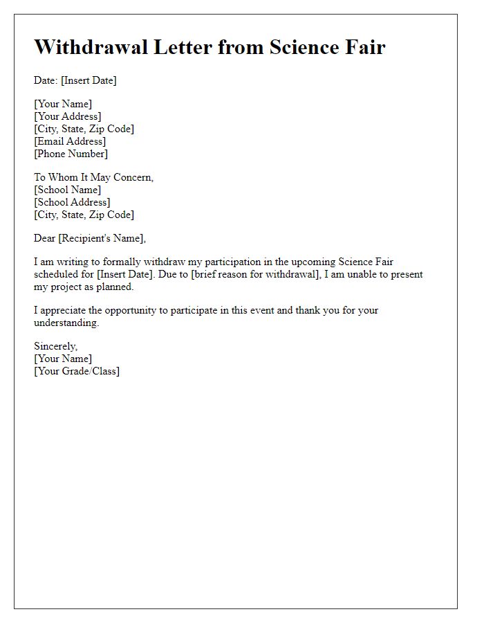 Letter template of withdrawal from private school science fair