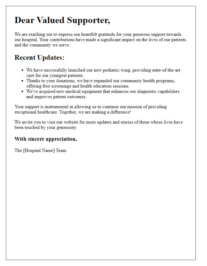 Letter template of donor appreciation update for hospital supporters.