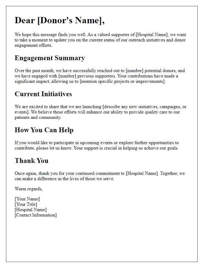 Letter template of donor engagement status for hospital outreach.