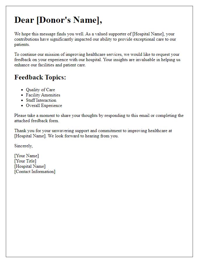 Letter template of donor feedback request for hospital improvement.