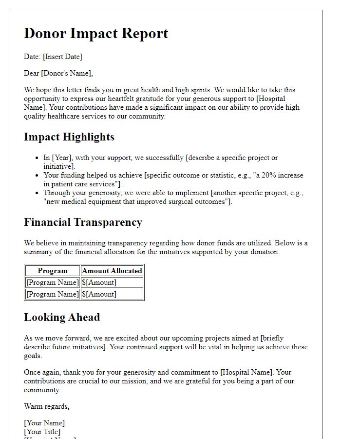 Letter template of donor impact report for hospital transparency.