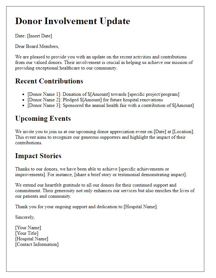 Letter template of donor involvement update for hospital board members.