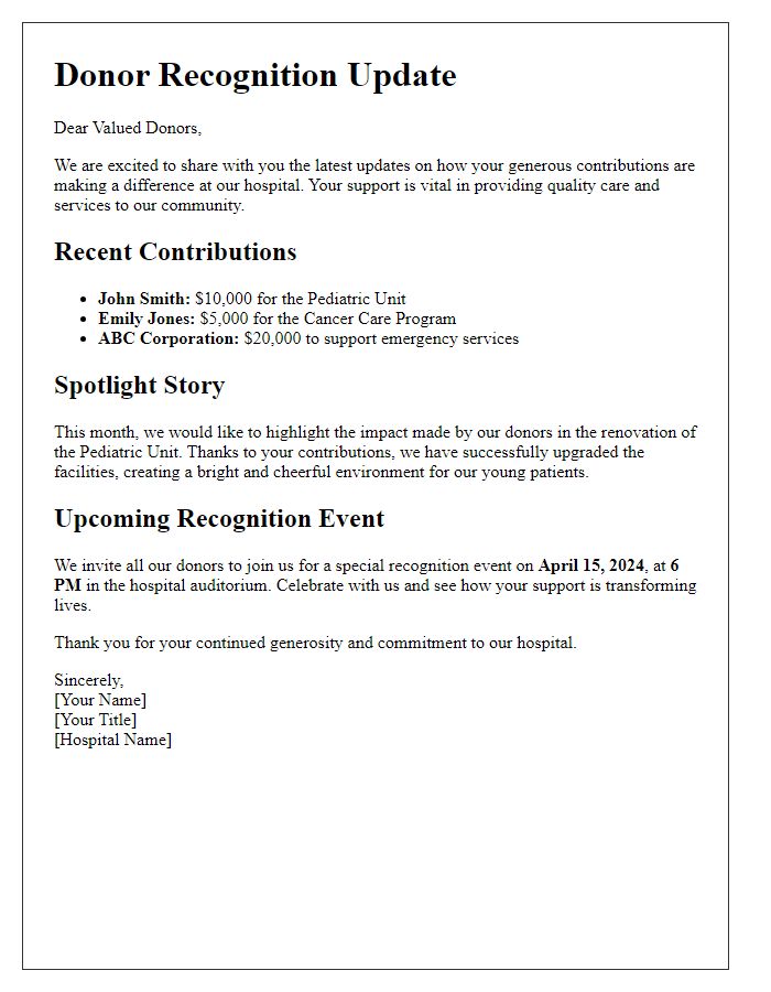 Letter template of donor recognition update for hospital newsletter.