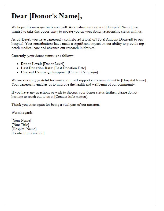 Letter template of donor relationship status for hospital communications.