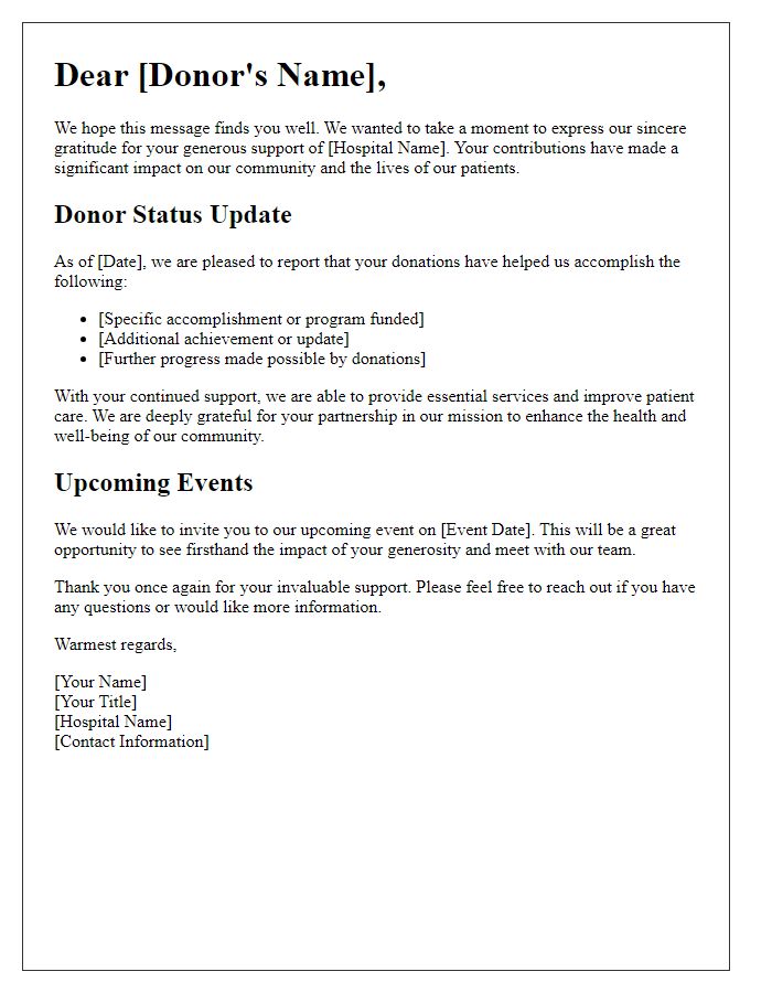 Letter template of donor status update for hospital acknowledgment.