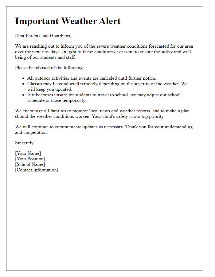 Letter template of private school alert for severe weather conditions.