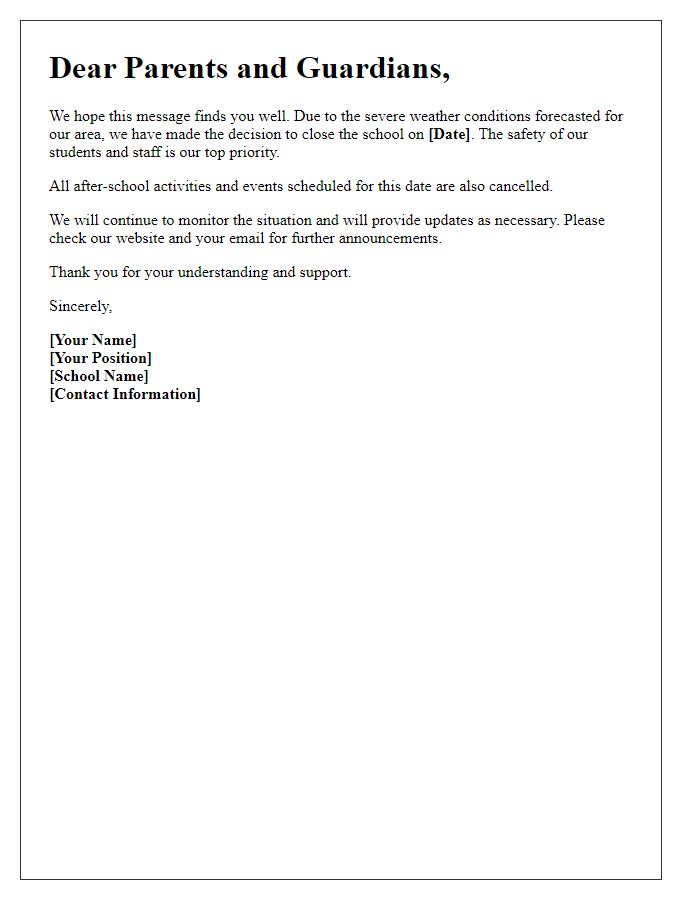 Letter template of private school announcement regarding weather-related closure.