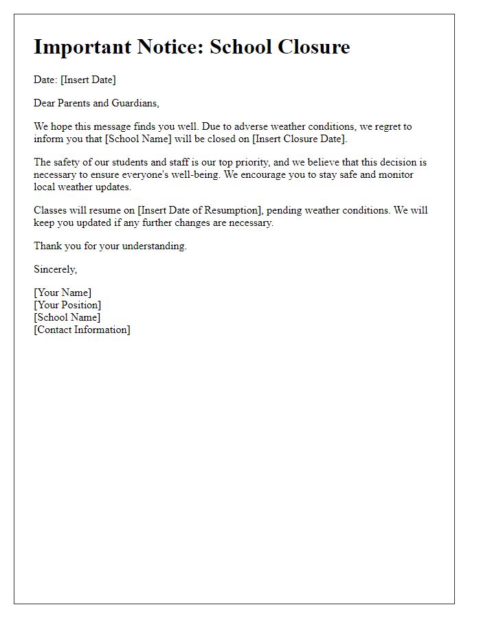 Letter template of private school cancellation notice for bad weather.