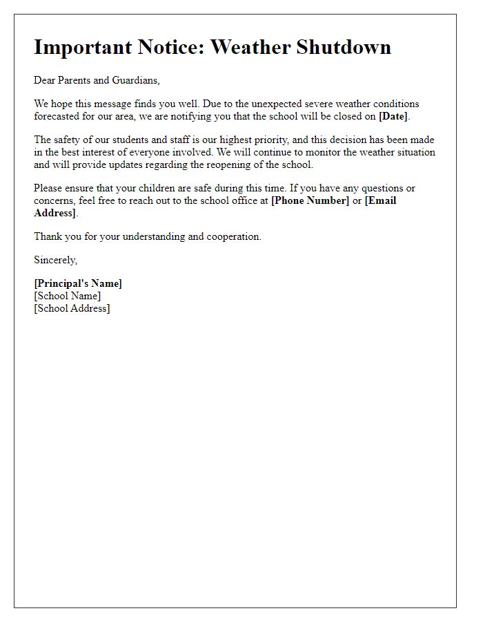 Letter template of private school communication for unexpected weather shutdown.