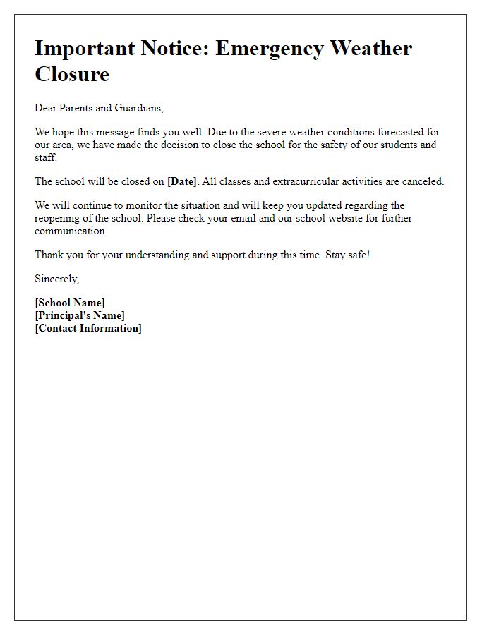 Letter template of private school message on emergency weather closure.