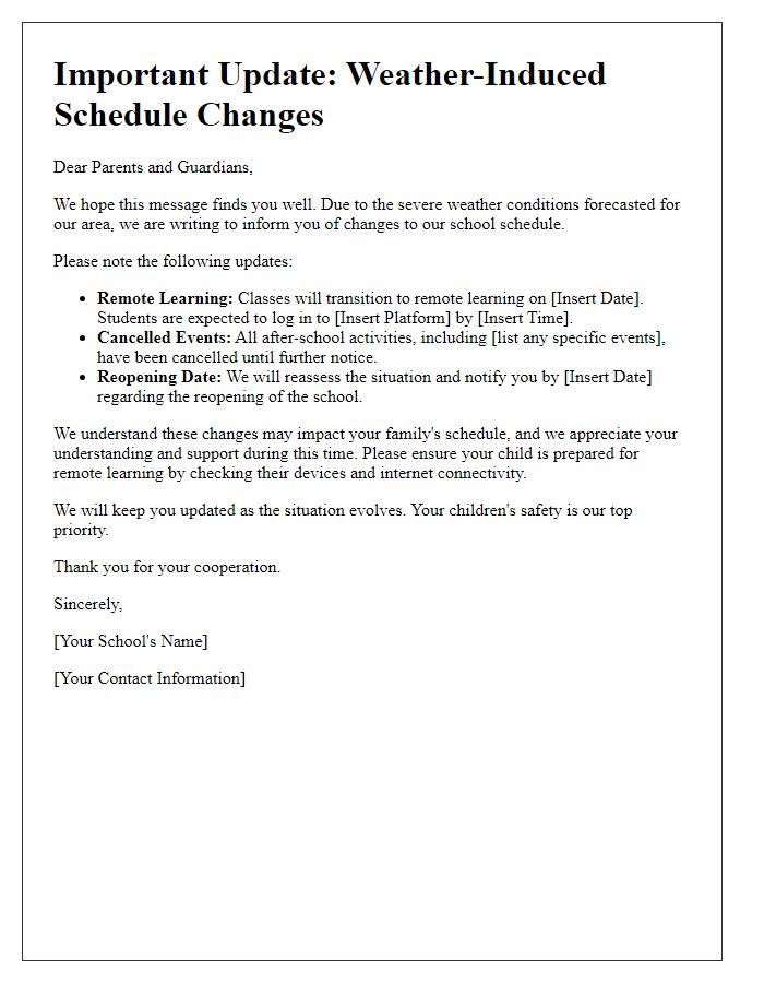 Letter template of private school update on weather-induced schedule changes.