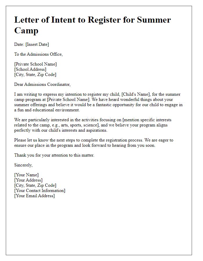 Letter template of intention to register for summer camp at private school.