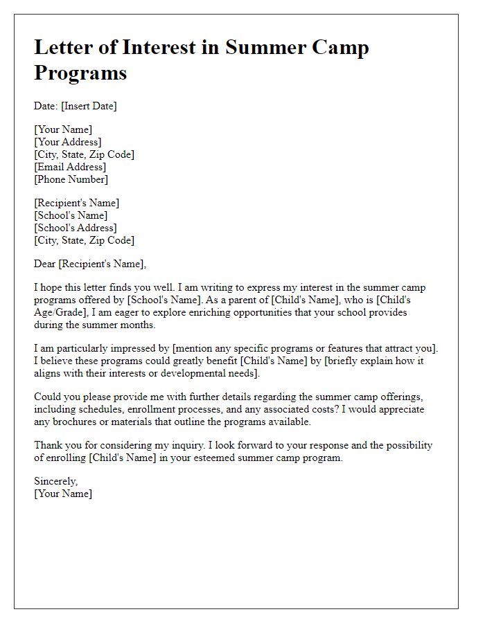 Letter template of interest in private school summer camp programs.