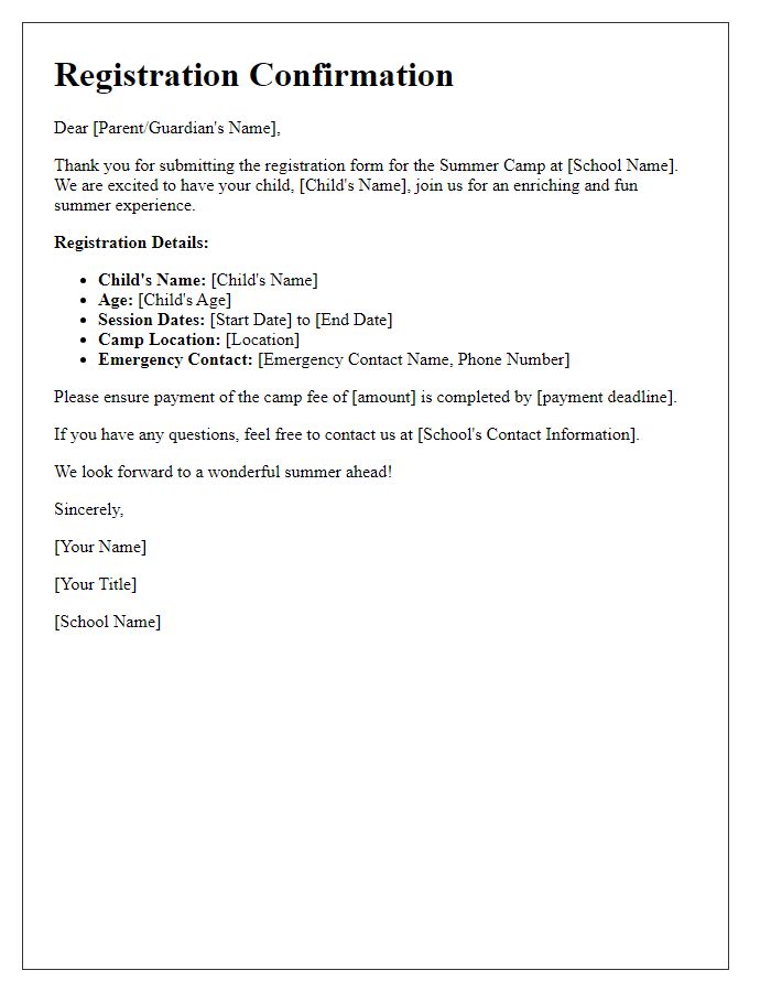 Letter template of registration form submission for private school summer camp.