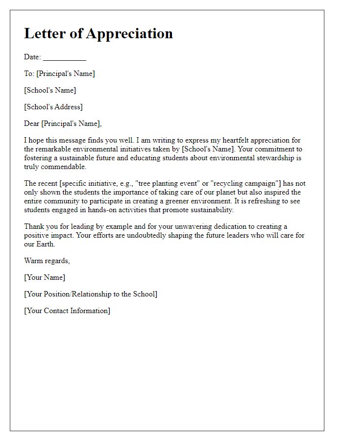 Letter template of appreciation for private school environmental initiatives