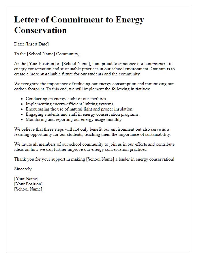 Letter template of commitment to energy conservation at private school