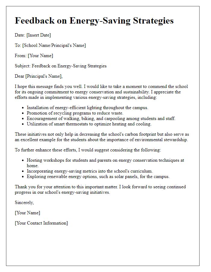 Letter template of feedback on private school energy-saving strategies