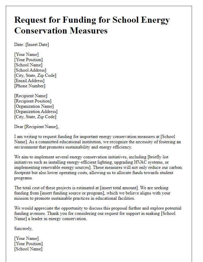 Letter template of request for funding for school energy conservation measures