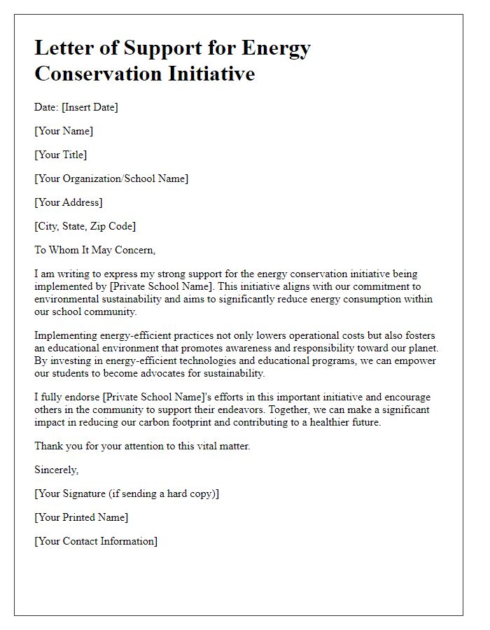 Letter template of support for private school energy conservation initiative