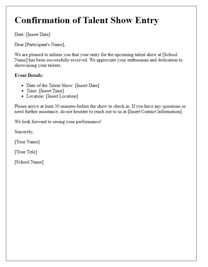 Letter template of confirmation for private school talent show entry