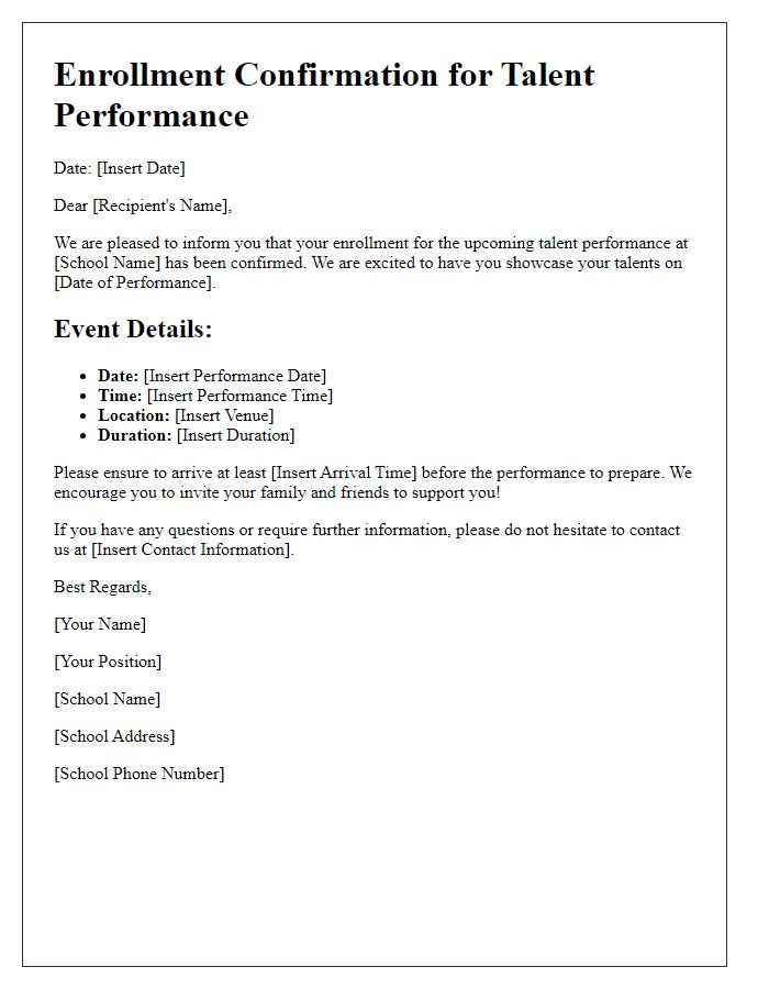 Letter template of enrollment for talent performance at private school