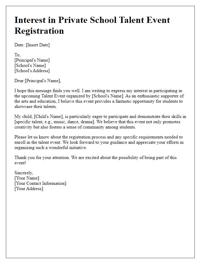 Letter template of interest in private school talent event registration