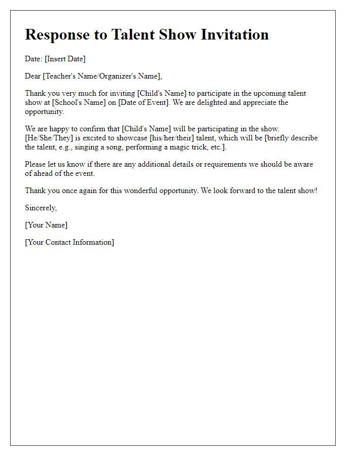 Letter template of response to private school talent show invitation