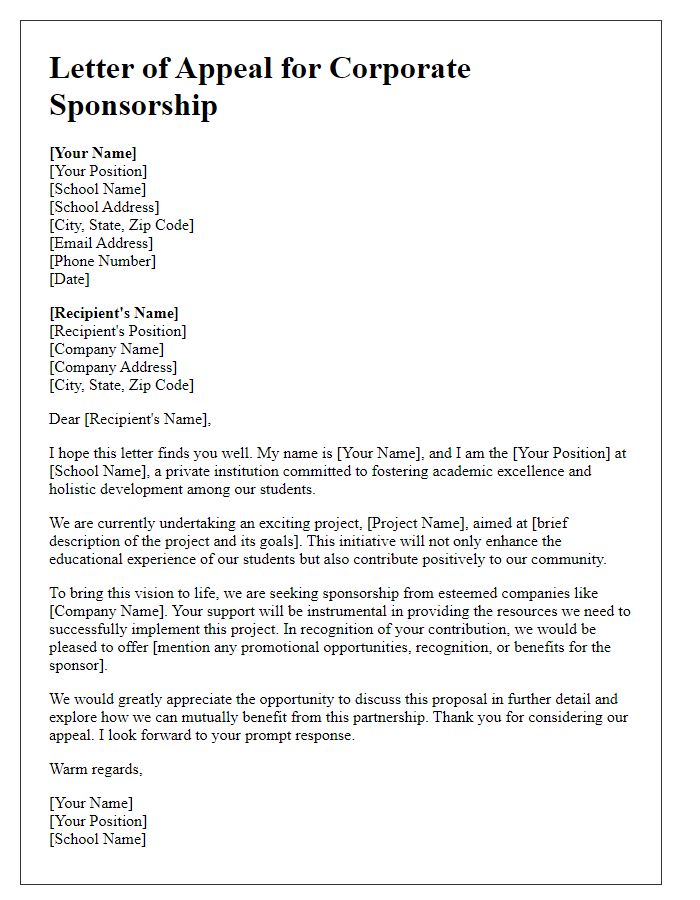 Letter template of appeal for corporate sponsorship for private school projects