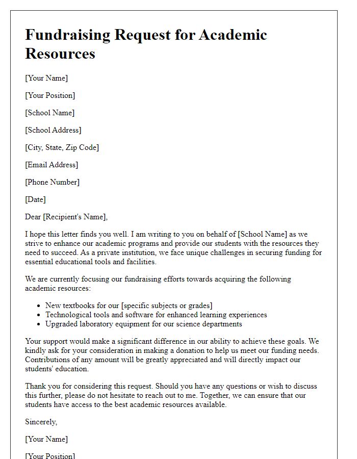 Letter template of fundraising request for private school academic resources