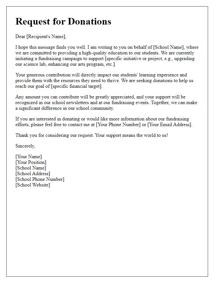 Letter template of request for donations for private school fundraising initiative