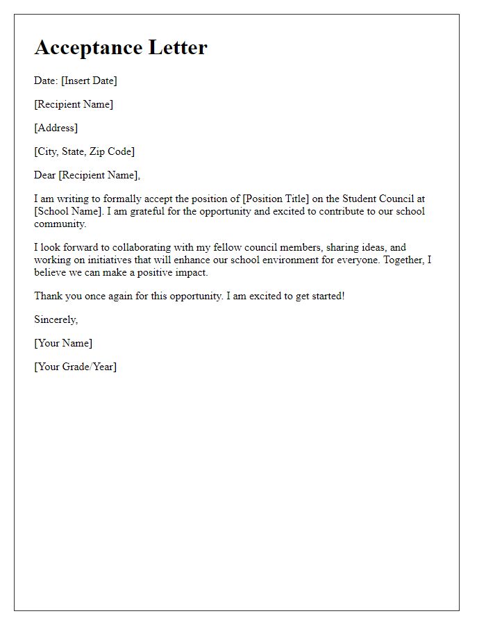 Letter template of acceptance for private school student council position