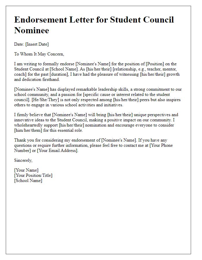 Letter template of endorsement for private school student council nominee