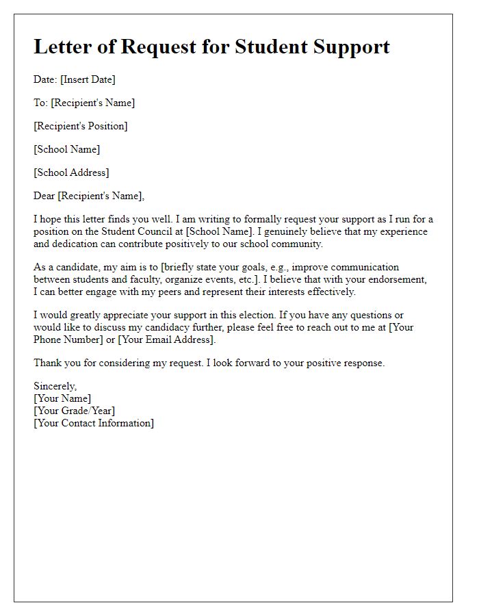 Letter template of request for student support in private school council election