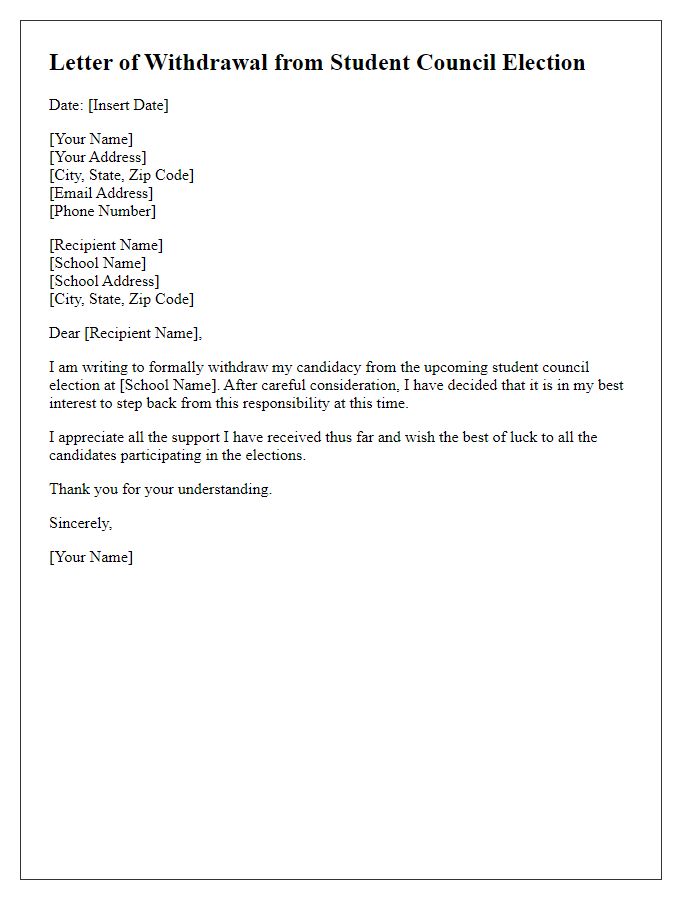 Letter template of withdrawal from private school student council election