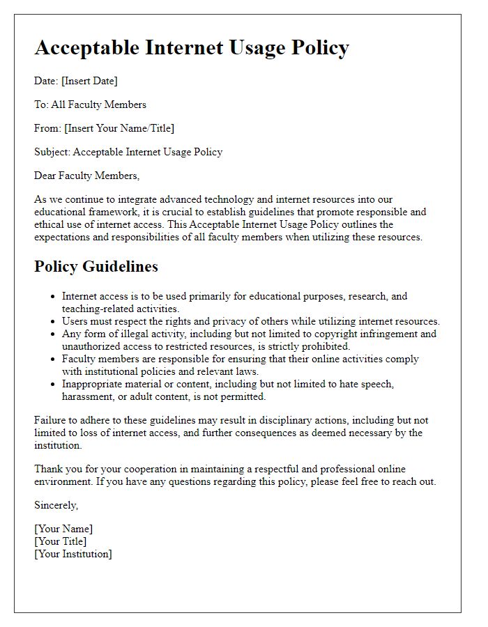 Letter template of acceptable internet usage policy for faculty.