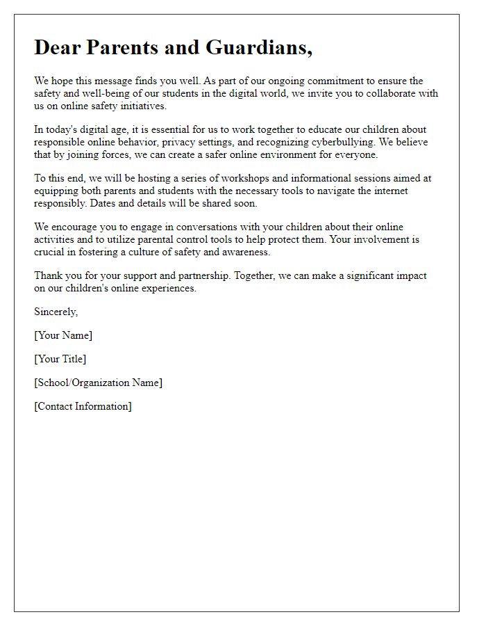 Letter template of collaboration with parents on online safety.