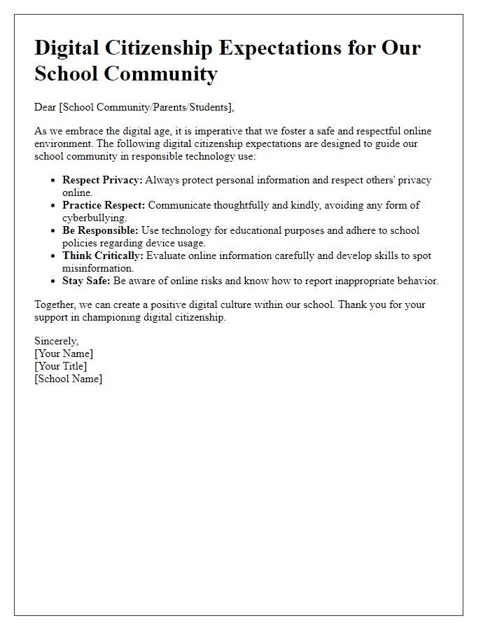 Letter template of digital citizenship expectations for school community.