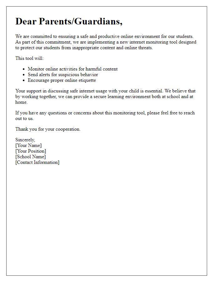 Letter template of internet monitoring tools for student protection.