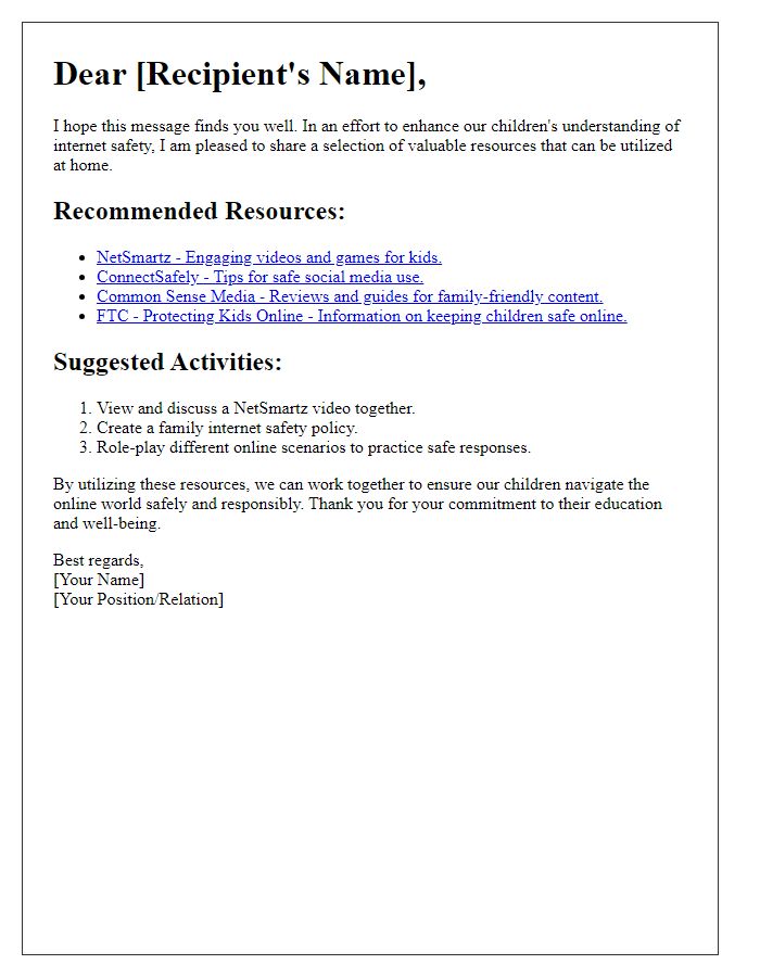 Letter template of resources for teaching internet safety at home.