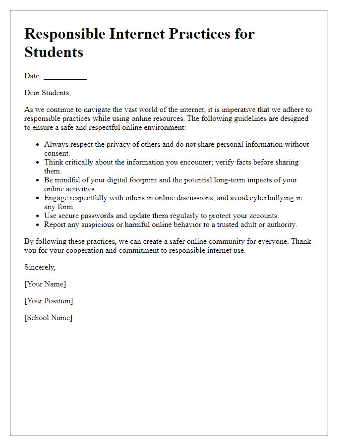 Letter template of responsible internet practices for students.