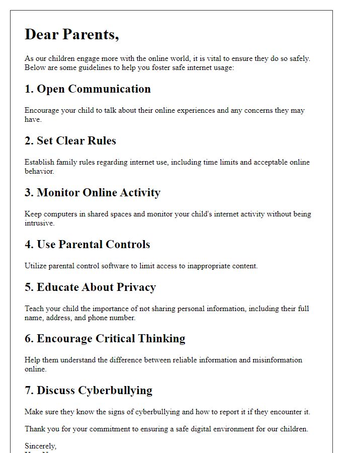 Letter template of safe internet usage guidelines for parents.