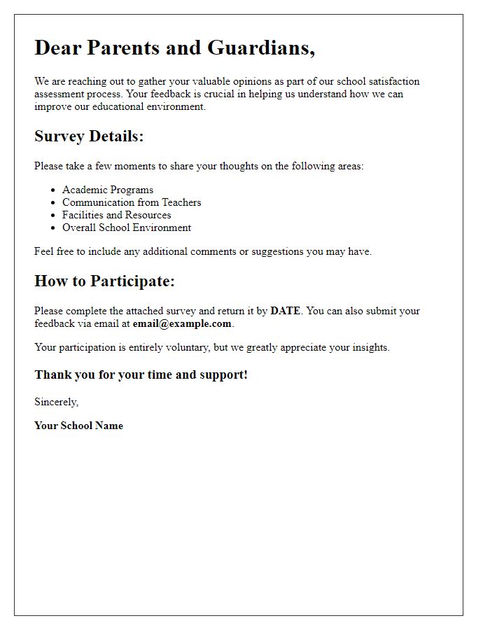 Letter template of parent opinion gathering for school satisfaction assessment