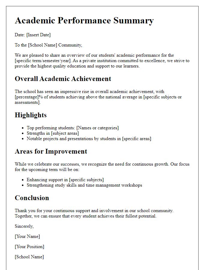 Letter template of academic performance summary for private school community.