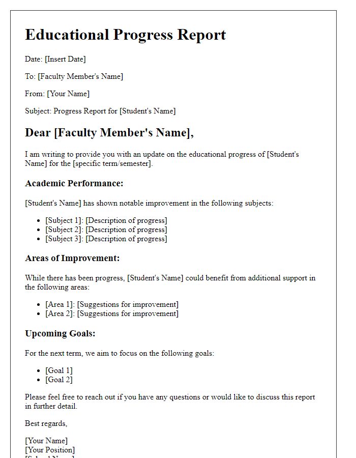 Letter template of educational progress report for private school faculty.